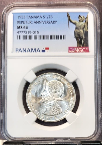 1953 PANAMA SILVER 1/2 BALBOA REPUBLIC ANNIVERSARY NGC MS 66 BRIGHT GEM BU
