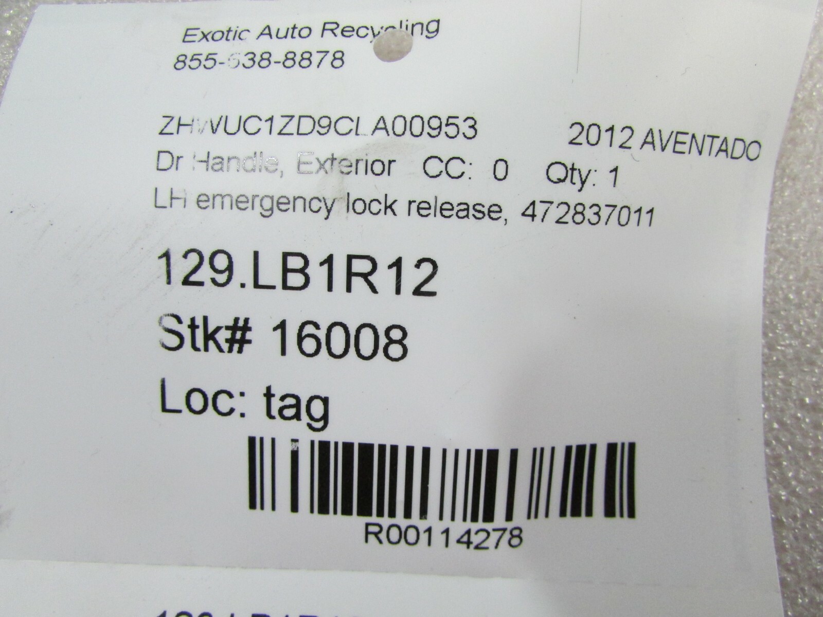 Lamborghini Aventador, LH Emergency Release Latch / Handle, Used, P/N 472837011