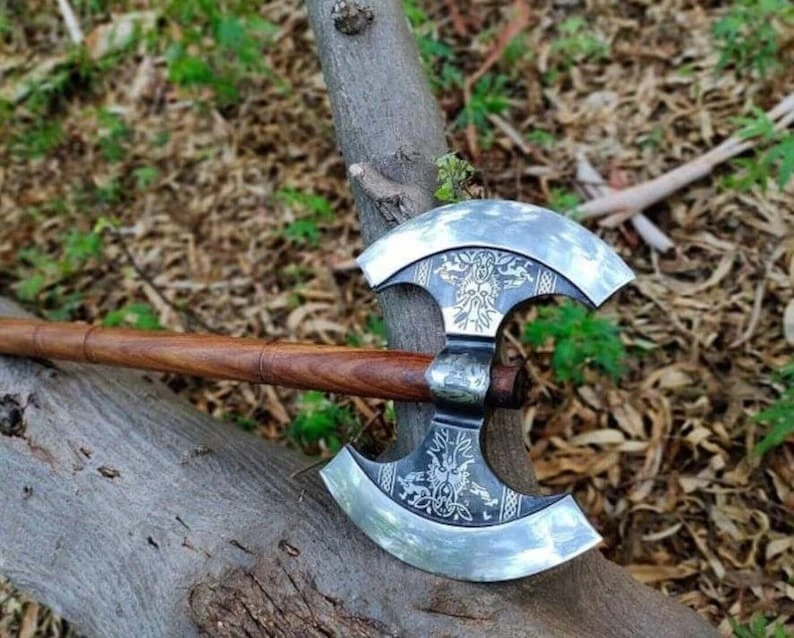 Custom Hand Forged Double Headed Viking Axe,Double Blade Axe with leather sheath - Image 4 of 4