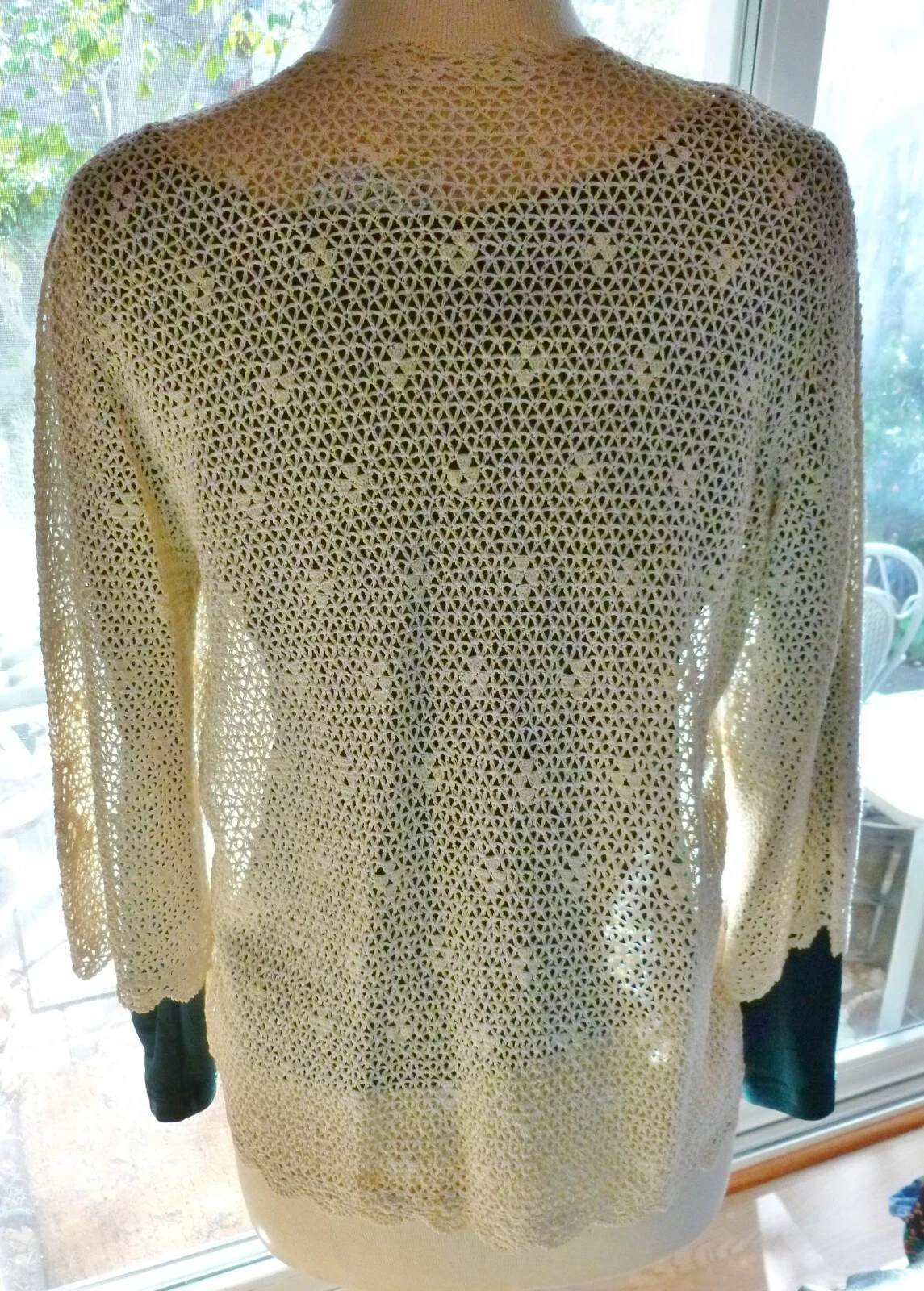 OFF WHITE Vintage Antico? GIACCA APERTA FINEMENTE LAVORATA A MANO ALL'UNCINETTO bianco sporco maniche a 3 4 ex