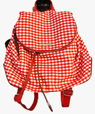 KARL LAGERFELD PARIS DESIGNER RED-WHITE ''CARA'' GINGHAM CHECK BACKPACK, NWOT