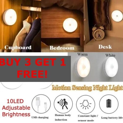 10LED Motion Sensor Light USB Wireless PIR Battery Wall Cabinet Stair Night Lamp - Picture 1 of 15