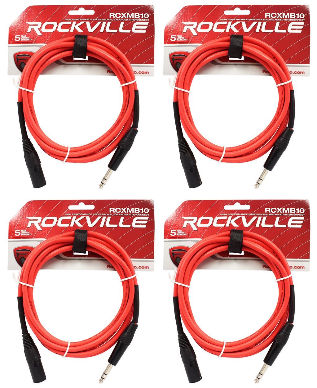 4 Балансных кабеля Rockville RCXMB10-R Red с 10 разъемами от REAN XLR до 1/4 TRS