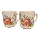 Vtg Pair Arcopal France Coffee Mugs 8oz Painted Floral Milk Glass 3.5" Tea Cup