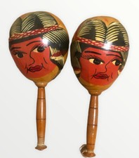 Venezuela Maraca Wooden Percussion Shaker Woman Face On Front Vtg 8" READ DESCR