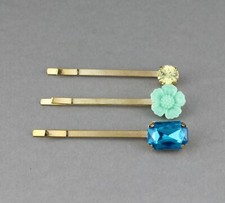 Aqua Teal flower crystal Gold tone bobby bobbi hair pins barrette set pack of 3
