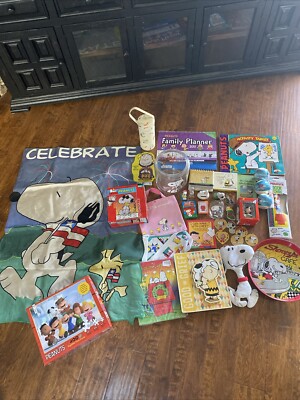 Vintage Lot Of 37 Various Snoopy Collectibles Flag Puzzles Ornaments Tin Tablet
