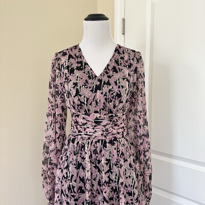 Miss Rosier Ines Pink Black Floral Print Gold Embellished Midi Dress Size 2  | eBay