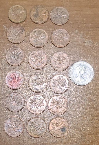 Lot Of 19 Queen Elizabeth II Canada 1 Cent Pennies 1 Quarter 1970s - Picture 2 of 2