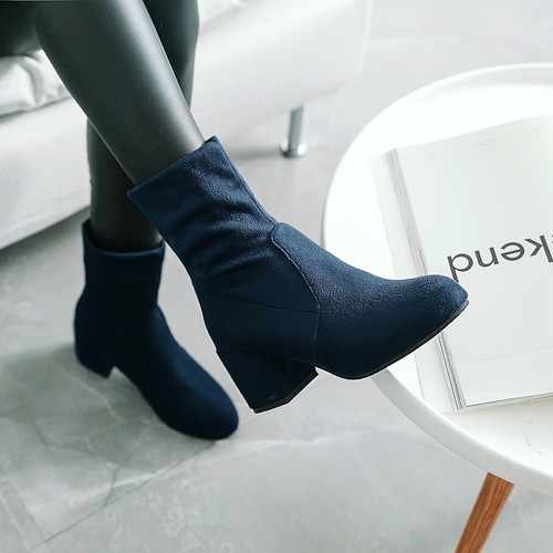 Women's Mid Block Heel Shoes Black/Blue/Brown Suede Fabric Round Toe Ankle Boots - Picture 25 of 31