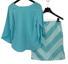 Carlisle Shirt Skirt Outfit Size 12 Flutter Sleeve Silk Pencil Blue 2pc Bright