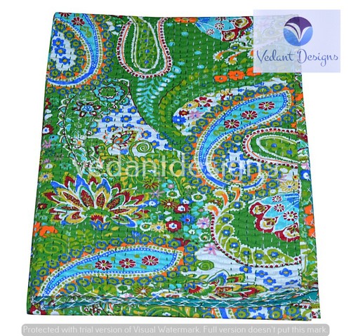 Indian Embroidery Kantha Quilt Bedspread Paisley Print Throw Cotton Green - Picture 3 of 5