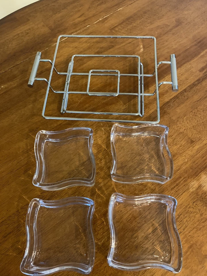 Mod Wave Square Appetizer / Snack Serving Dish Tray Set Glass & Chrome - Image 4 of 4