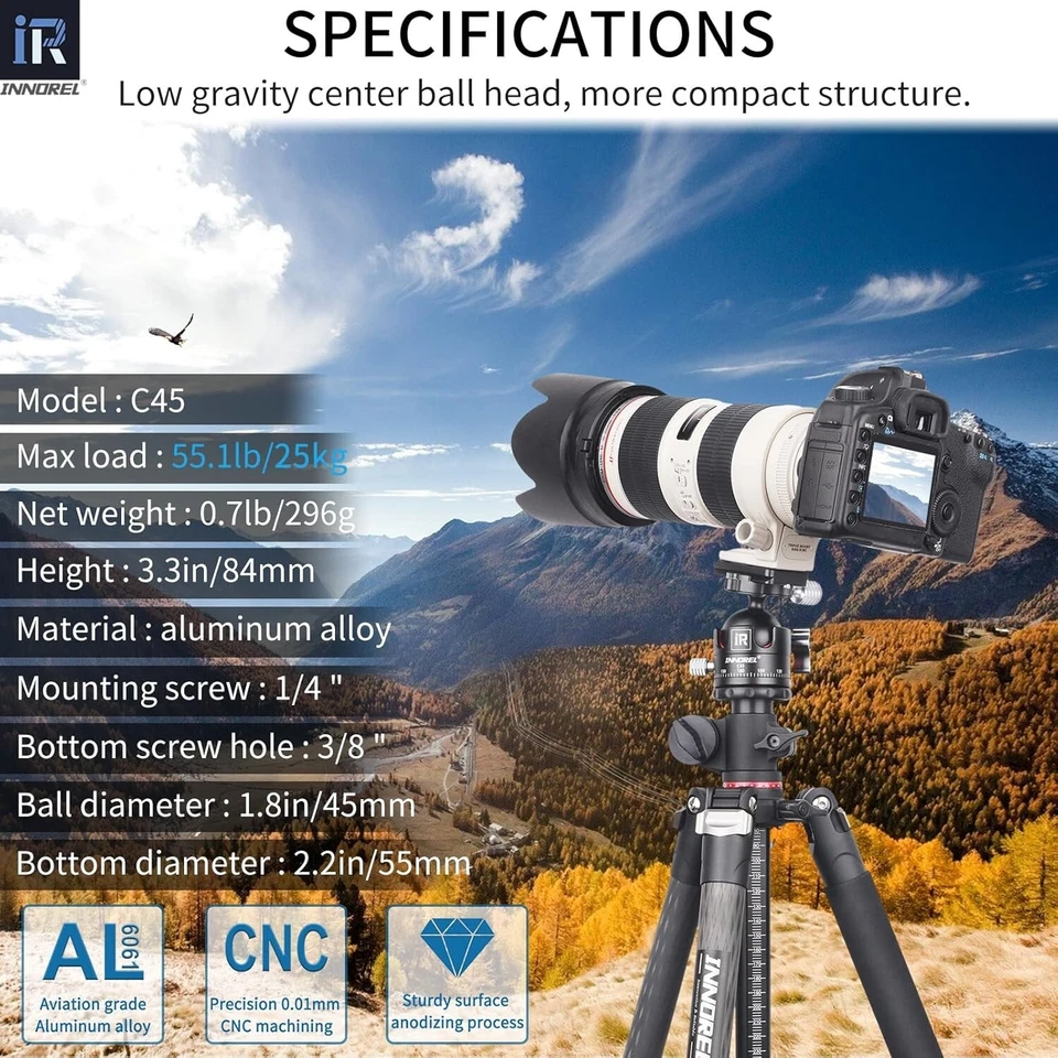Cabezal de bola trípode de bajo perfil INNOREL C45 360 cabeza de bola de metal panorámica para DSLR Foto 2 de 4