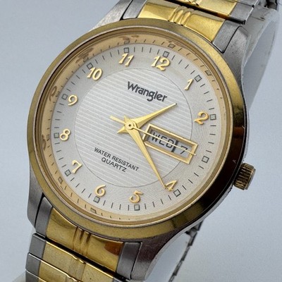 Vintage Wrangler Quartz Watch Men Dual Tone Day Date Stretch Analog New Battery