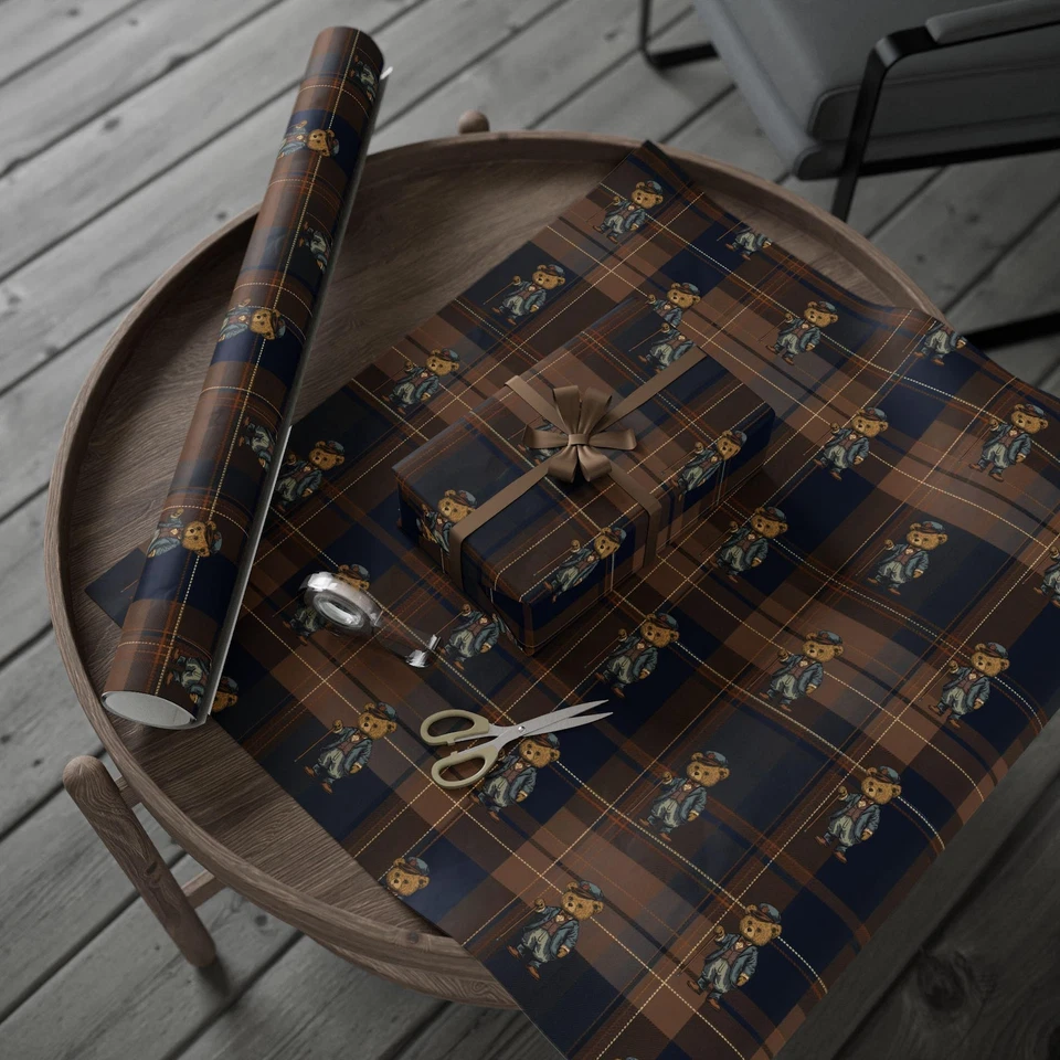 Ralph Lauren Christmas Wrapping Paper Dark Tartan Plaid Bear Gift Wrap - Image 4 of 4