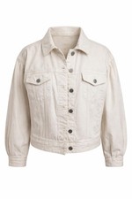 M&S Denim Jacket Size 14 Cream Ecru Puff Sleeve Cropped Cotton Jacket