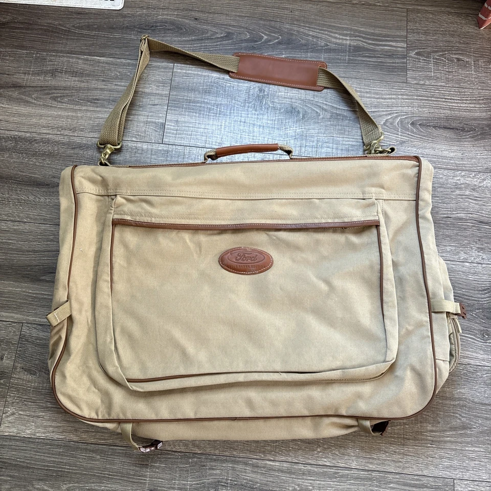 VERY NICE EDDIE BAUER FORD CANVAS & LEATHER FOLD UP HANGING GARMENT TRAVEL BAG - Image 2 of 4