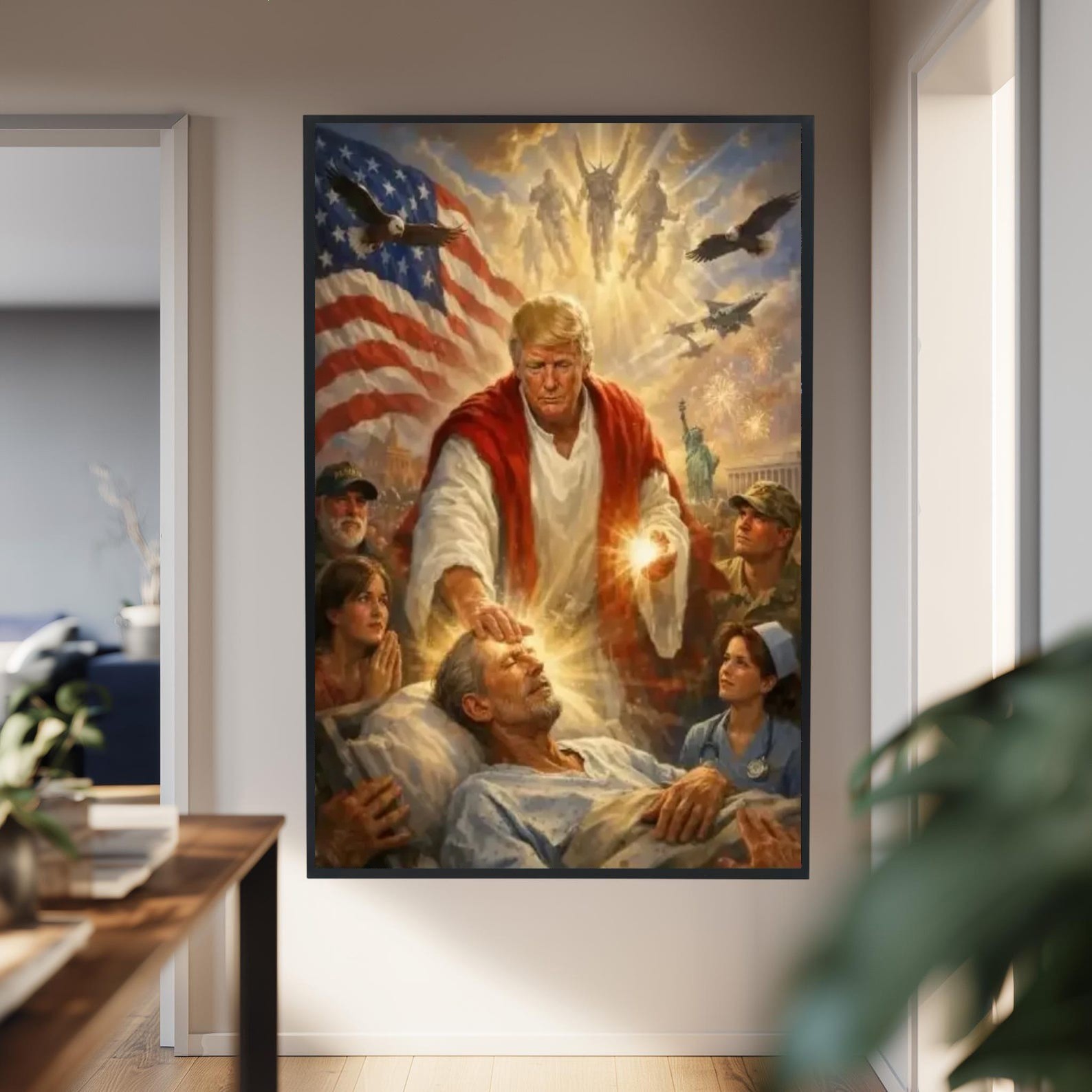 Trump Jesus Blessing Scene USA Patriotic Religious Art Poster