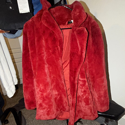 Divided by H&M Women s Red Lined Open Front Short Jacket Faux Fur, Size S