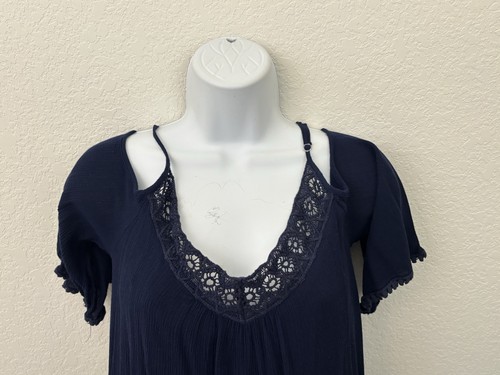 Naif Stretch Bauern Tunika Bluse Gr. S blau Häkelbesatz Spitze Pullover Oberteil E2 - Bild 2 von 7