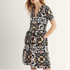 Boden Easy Notch Neck Dress Women's Size 8 Cotton Printed Short Sleeve Pockets