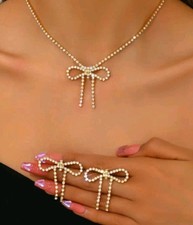 Bow earrings Necklace Set Rhinestone fashion jewelry NEW Free Ship