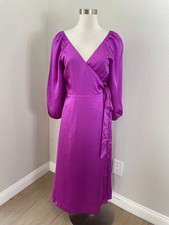 NEW Ann Taylor Womens 6 Wrap Dress Purple Satin Long Sleeve V Neck Midi