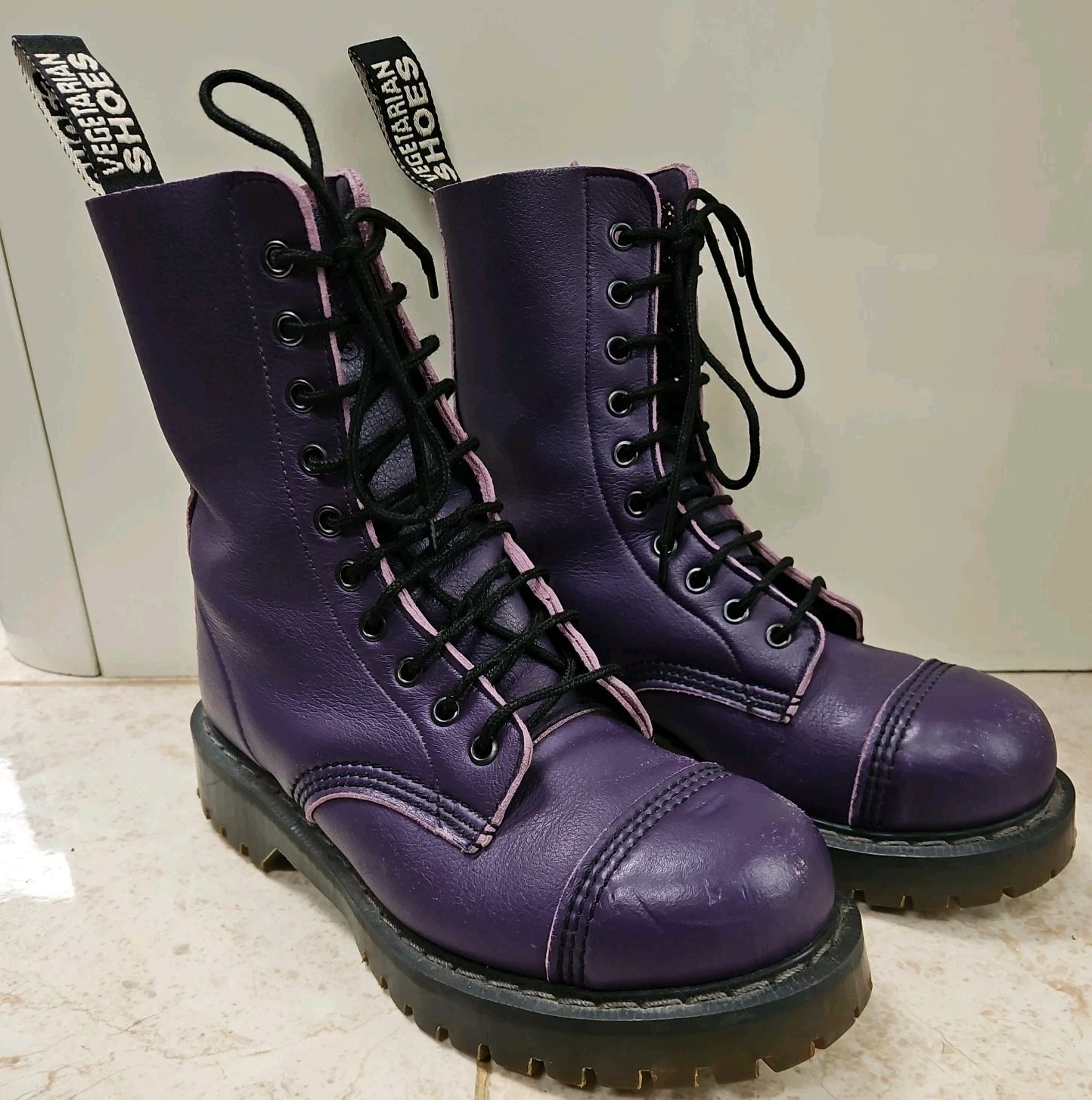 Vegetarian Shoes Ladies Size UK 5 Purple Airseal 10 Eye Boots DM Style Steel Toe