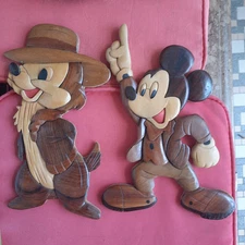 Disney Mickey Mouse Wall Art Hanging Intarsia Wood Marquetry Plaque Vintage