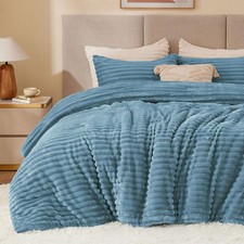 Fleece Queen Comforter Set, Fluffy Bed Set, Blue Fog