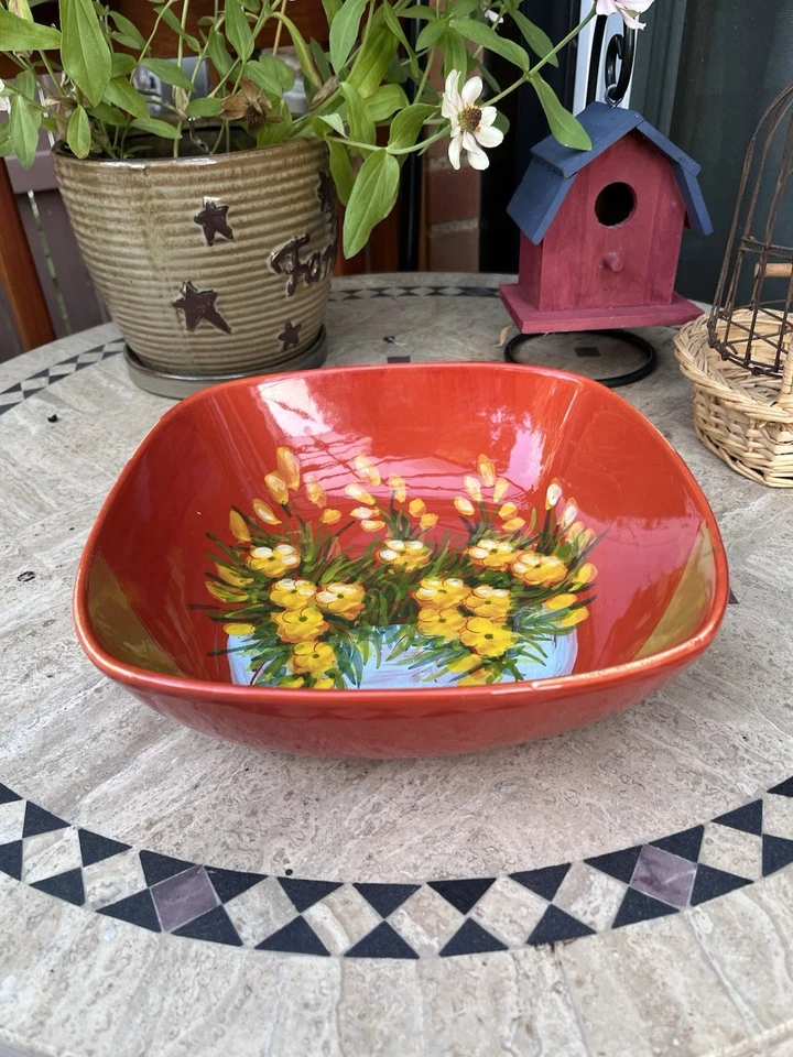 Sara's Flowers от VIETRI (ИТАЛИЯ) 10 дюймов сервировочная чаша оранжевая / испанская метла желтая - Изображение 4 из 4