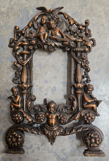Antique Cast Iron Copper Tint Frame with Cherubs/Angels Flowers Ribbons Dove