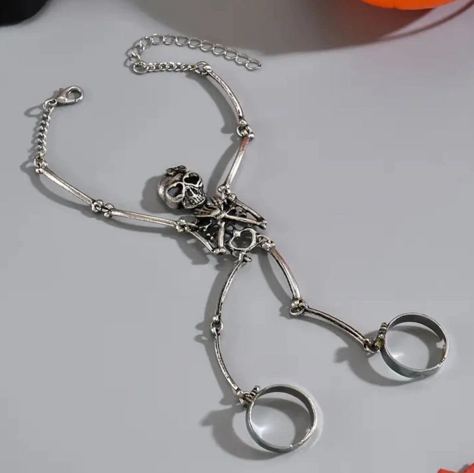 Anillo de cadena para mujer 1 pieza punk esqueleto calavera huesos mano - roca ajustable emo gótico Foto 3 de 4