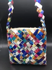 MOSAIC CLUTCH SHOLDER HANDBAG PAPER CANDY WRAPPER 7" X 7" WOVEN PAPER RECYCLED
