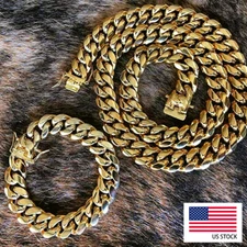 Stainless Steel Men's Miami Cuban Link Bracelet Chain Combo Set 14K Gold Plated