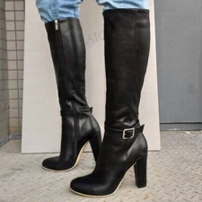 Women Knee High Heels Boots Handmade Faux Leather Thick Heels Side Zip Boots