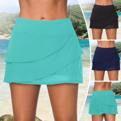 Women High Waist Swim Skirt Bikini Swimwear 3 Layers Bottoms Boyshorts Swimsuit - Picture 2 of 17