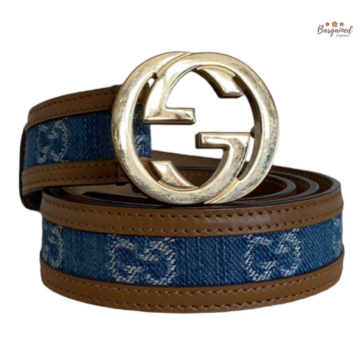 Authentic Gucci Blue GG Denim Leather Trim Gold Interlocking Authentic Gucci Blue GG Denim Leather Trim Gold Interlocking