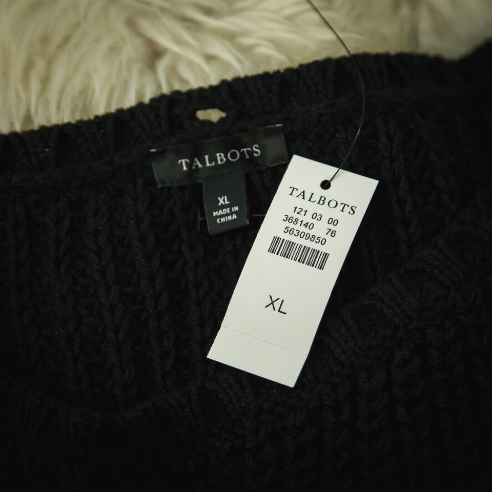 Talbots Size XL Black Cable Knit Crew Neck Sleeveless Cap Sleeve Cotton