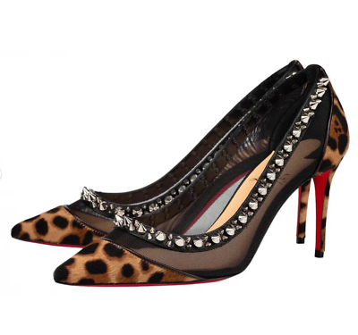 Christian Louboutin Galativi Spikes 85 Black Leopard Mesh Pointed