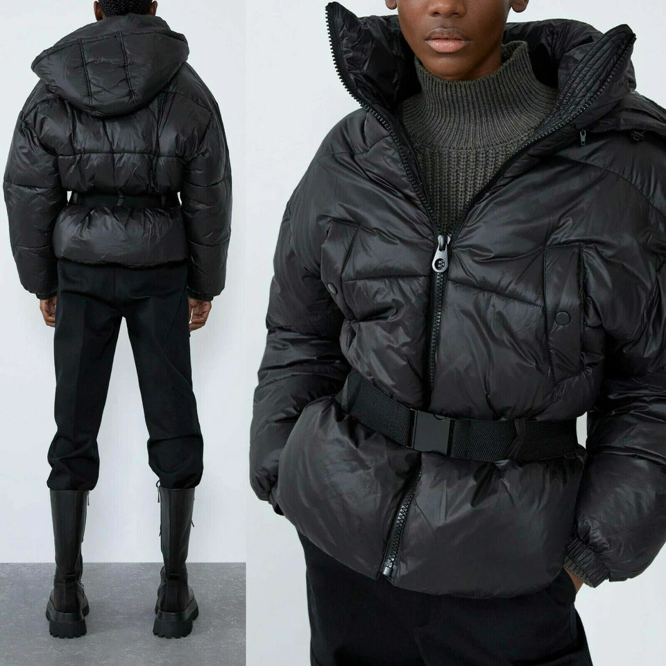 NEW ZARA BLACK SORONA ® DUPONT™ BELTED PUFFER JACKET REMOVABLE HOOD SZ M - Image 4 of 4