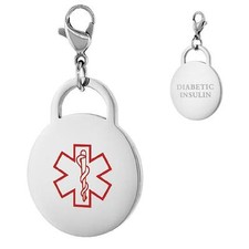 DIABETIC INSULIN Stainless Steel Medical Alert Round Charm w/ Lobster Clasp