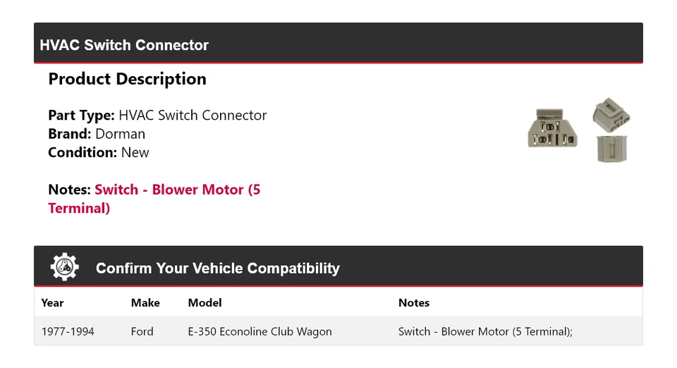 For 1977-1994 Ford E-350 Econoline Club Wagon Dorman HVAC Switch Connector 1978 - Image 2 of 4