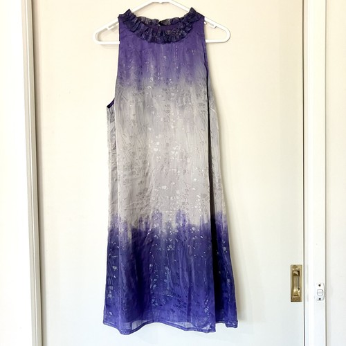 OJAY 100% Silk Knee Dress Sleeveless Purple Ombre Floral Sz 10 Ruffle Lined BNWT - Picture 6 of 15