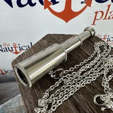 Silver Finish Brass Telescope w/ 27" Chain, Small Pocket Size Spyglass, Nautical