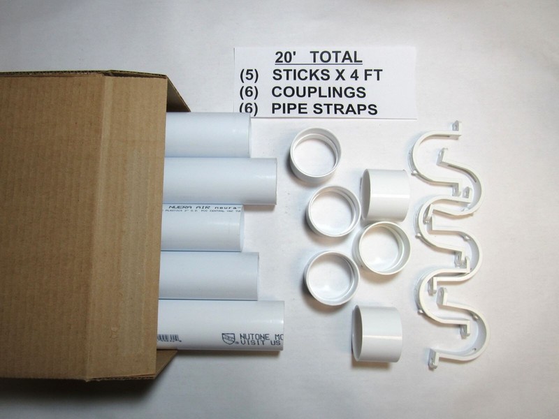 20' PVC Central Vacuum Pipe 20'X2"OD 4 ft sticks (6) Couplings (6) Pipe Straps