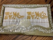Vintage Embroidered Mr & Mrs Pillowcases Pillow Case Set Gold Thread Made in USA