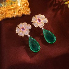 Luxury Gold Plated Cubic Zirconia Long Drop Flower Earrings Women Bridal Jewelry
