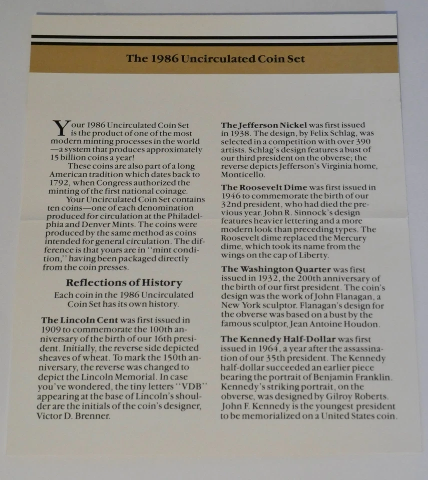 1986 US Mint Uncirculated Coin Set ~ Denver Philadelphia Mint - Image 4 of 4